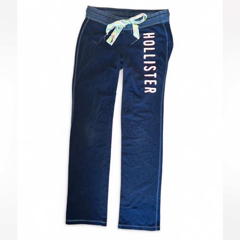 Hollister Y2K Navy Sweatpants with Pink Logo and Multicolor Tie Waist